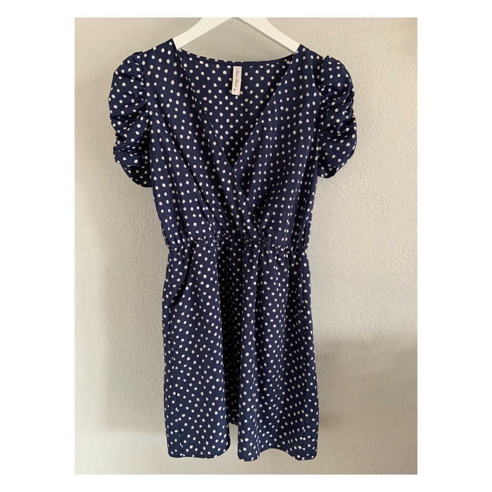 Navy & White Dot Ruched Sleeve Mini Dress 🔵🤍 with POCKETS!